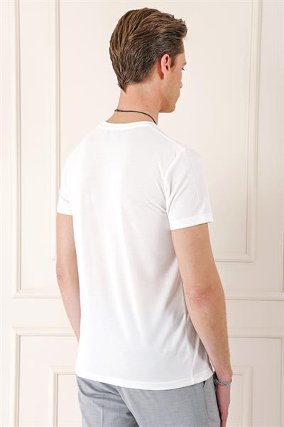 Slim Fit Bisiklet Yaka %100 Pamuk Ekru Tişört Ts 878