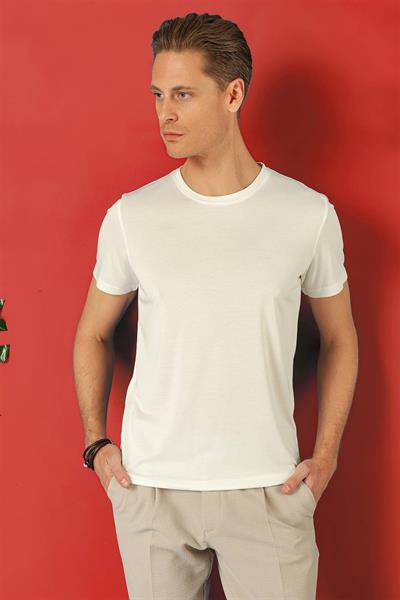Slim Fit Bisiklet Yaka %100 Pamuk Ekru Tişört Ts 878