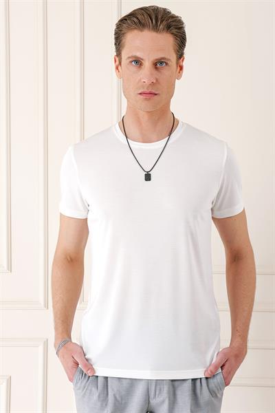 Slim Fit Bisiklet Yaka %100 Pamuk Ekru Tişört Ts 878