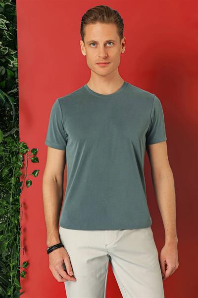 Slim Fit Bisiklet Yaka %100 Pamuk Gri Tişört Ts 878