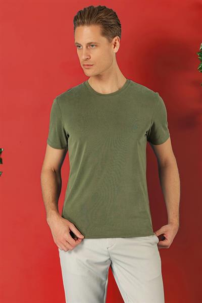 Slim Fit Bisiklet Yaka %100 Pamuk Haki Tişört Ts 878