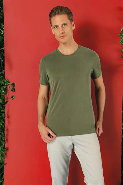 Slim Fit Bisiklet Yaka %100 Pamuk Haki Tişört Ts 878