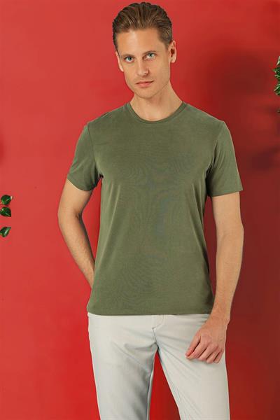 Slim Fit Bisiklet Yaka %100 Pamuk Haki Tişört Ts 878