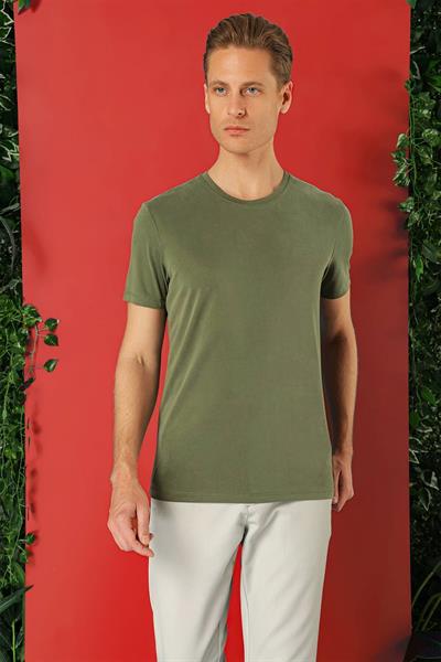 Slim Fit Bisiklet Yaka %100 Pamuk Haki Tişört Ts 878