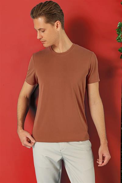 Slim Fit Bisiklet Yaka %100 Pamuk Kiremit Tişört Ts 878