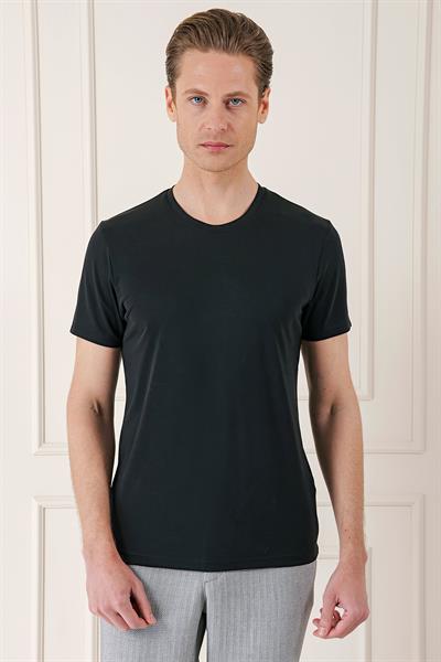 Slim Fit Bisiklet Yaka %100 Pamuk Koyu Siyah Tişört Ts 878