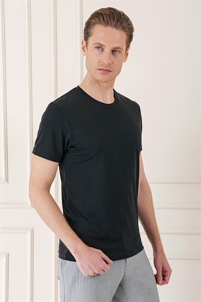 Slim Fit Bisiklet Yaka %100 Pamuk Koyu Siyah Tişört Ts 878