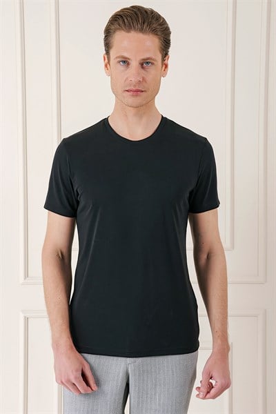 Slim Fit Bisiklet Yaka %100 Pamuk Koyu Siyah Tişört Ts 878