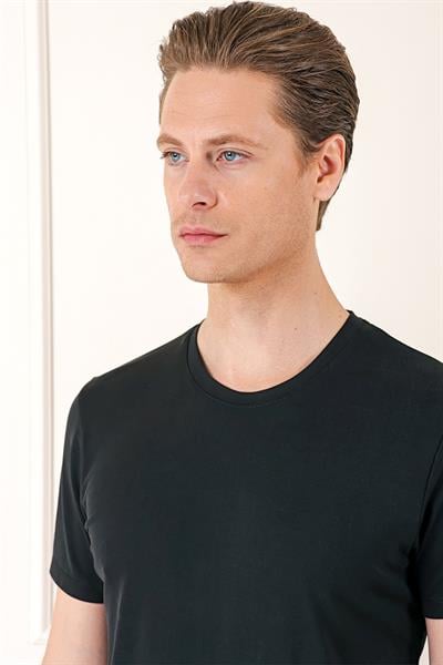 Slim Fit Bisiklet Yaka %100 Pamuk Koyu Siyah Tişört Ts 878