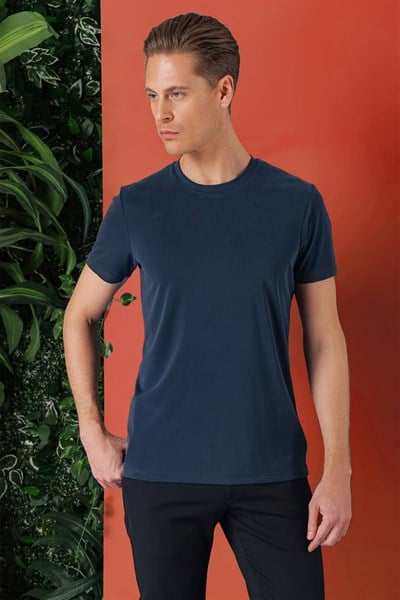 Slim Fit Bisiklet Yaka %100 Pamuk Lacivert Tişört Ts 878