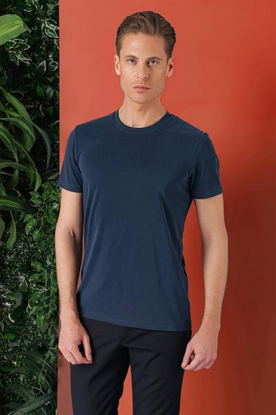 Slim Fit Bisiklet Yaka %100 Pamuk Lacivert Tişört Ts 878
