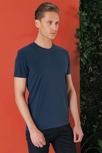 Slim Fit Bisiklet Yaka %100 Pamuk Lacivert Tişört Ts 878