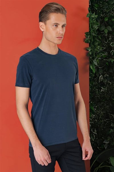 Slim Fit Bisiklet Yaka %100 Pamuk Lacivert Tişört Ts 878