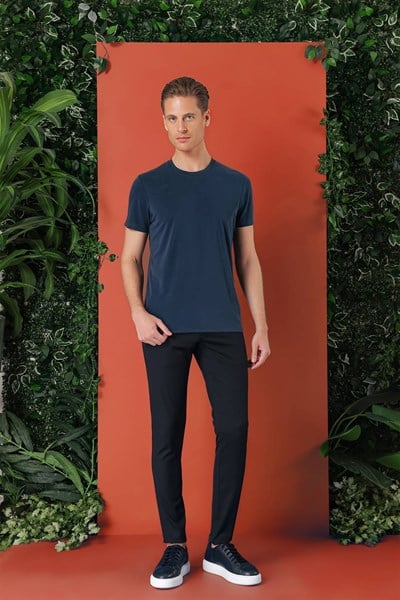 Slim Fit Bisiklet Yaka %100 Pamuk Lacivert Tişört Ts 878