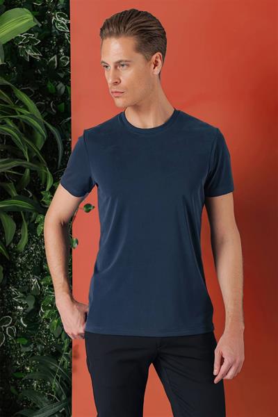 Slim Fit Bisiklet Yaka %100 Pamuk Lacivert Tişört Ts 878