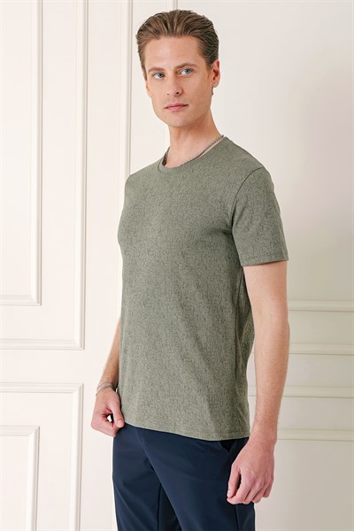 Slim Fit Bisiklet Yaka %100 Pamuk Sıva Dokuma Pamuklu Haki Tişört TS 882