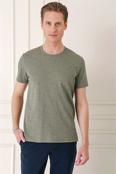 Slim Fit Bisiklet Yaka %100 Pamuk Sıva Dokuma Pamuklu Haki Tişört TS 882