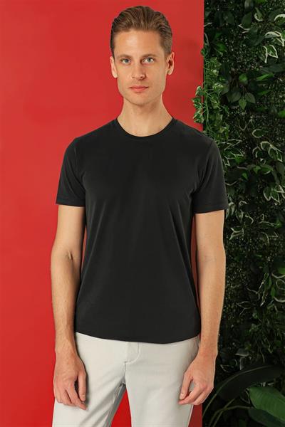 Slim Fit Bisiklet Yaka %100 Pamuk Siyah Tişört Ts 878