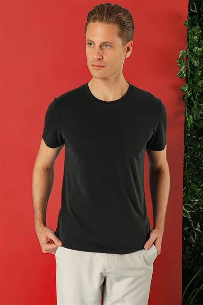 Slim Fit Bisiklet Yaka %100 Pamuk Siyah Tişört Ts 878
