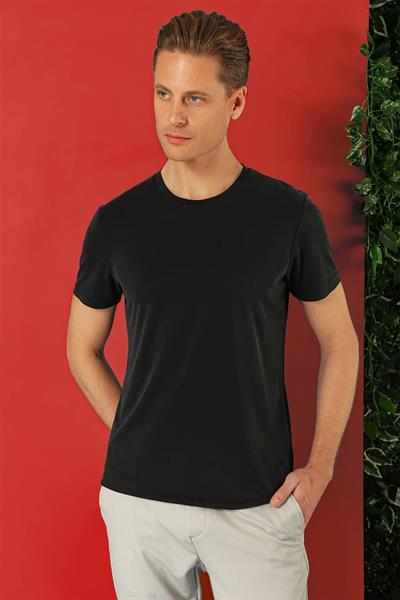 Slim Fit Bisiklet Yaka %100 Pamuk Siyah Tişört Ts 878