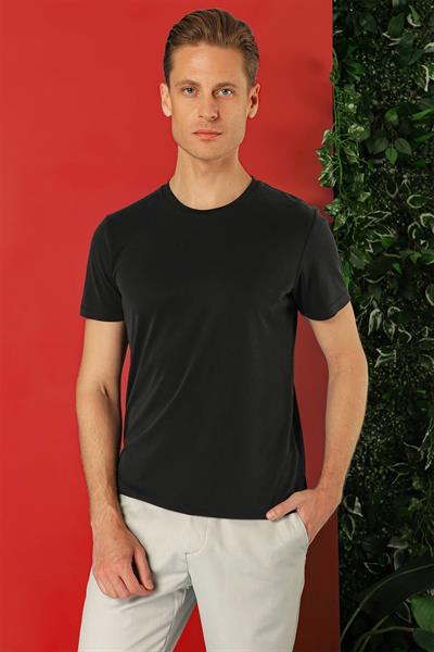 Slim Fit Bisiklet Yaka %100 Pamuk Siyah Tişört Ts 878