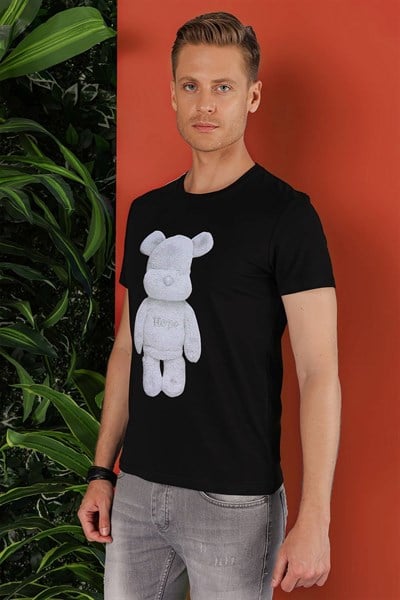 Slim Fit Bisiklet Yaka Ayıcık Baskılı Pamuklu Siyah Tişört TS 855