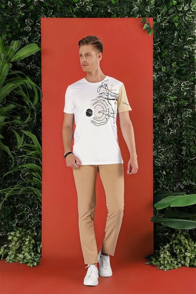 Slim Fit Bisiklet Yaka Baskılı Pamuklu Beyaz Tişört TS 858