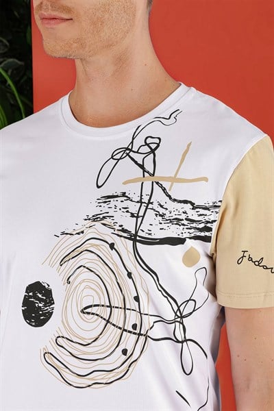 Slim Fit Bisiklet Yaka Baskılı Pamuklu Beyaz Tişört TS 858