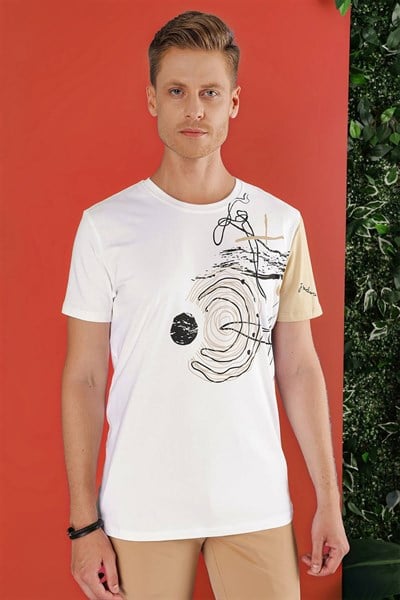 Slim Fit Bisiklet Yaka Baskılı Pamuklu Beyaz Tişört TS 858
