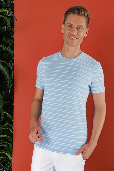 Slim Fit Bisiklet Yaka Çizgili Pamuklu Mavi Tişört TS 851
