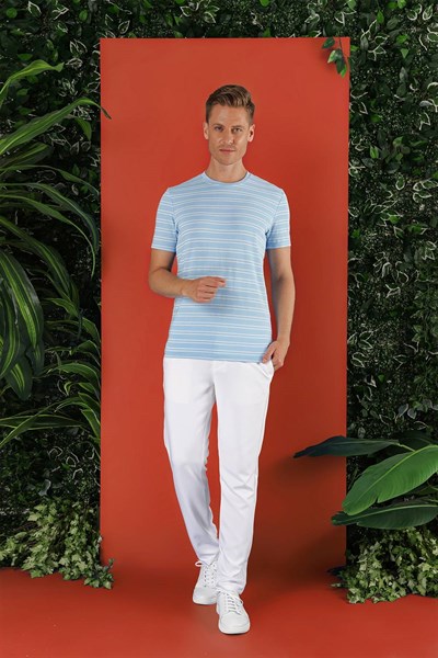 Slim Fit Bisiklet Yaka Çizgili Pamuklu Mavi Tişört TS 851