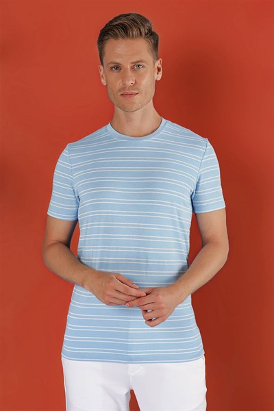 Slim Fit Bisiklet Yaka Çizgili Pamuklu Mavi Tişört TS 851