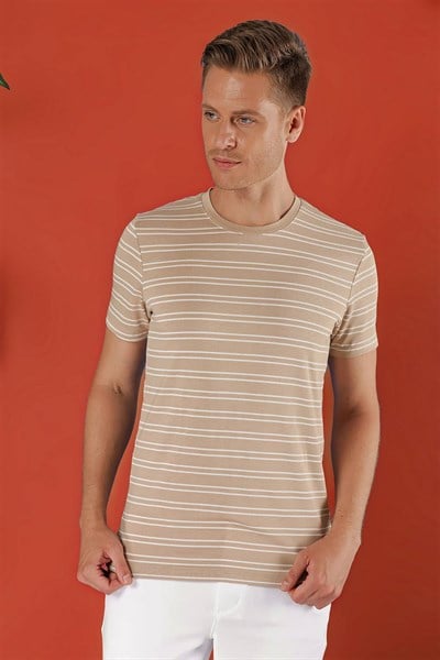 Slim Fit Bisiklet Yaka Çizgili Pamuklu Bej Tişört TS 851