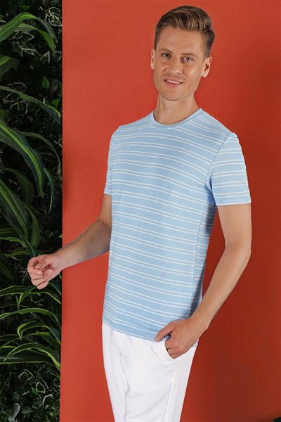 Slim Fit Bisiklet Yaka Çizgili Pamuklu Mavi Tişört TS 851