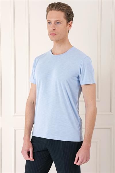 Slim Fit Bisiklet Yaka Doku Desenli Pamuklu Mavi Tişört Ts 881