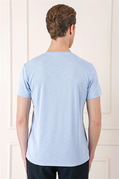 Slim Fit Bisiklet Yaka Doku Desenli Pamuklu Mavi Tişört Ts 881