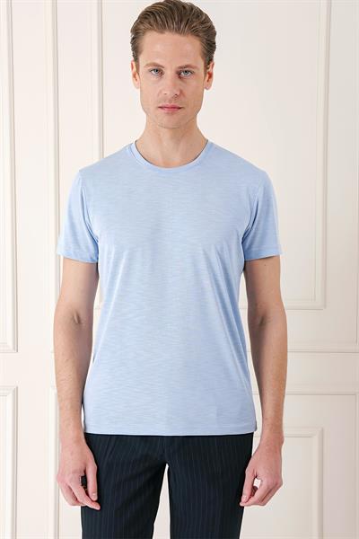 Slim Fit Bisiklet Yaka Doku Desenli Pamuklu Mavi Tişört Ts 881