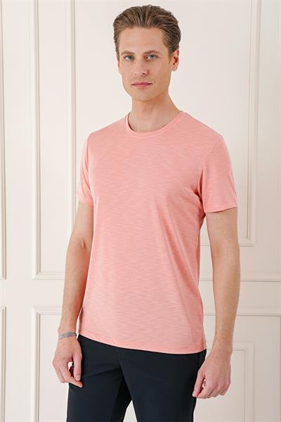 Slim Fit Bisiklet Yaka Doku Desenli Pamuklu Mercan Tişört Ts 881