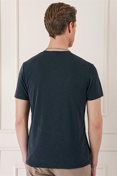 Slim Fit Bisiklet Yaka Doku Desenli Pamuklu Siyah Tişört Ts 881