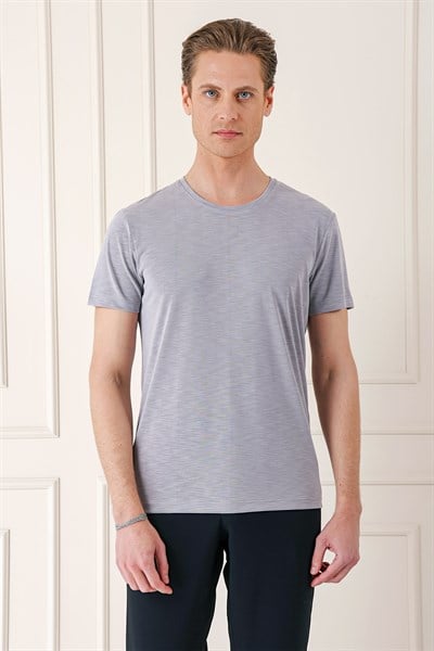 Slim Fit Bisiklet Yaka Doku Desenli Pamuklu Gri Tişört Ts 881
