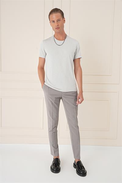 Slim Fit Bisiklet Yaka Doku Desenli Pamuklu Açık Gri Tişört Ts 881
