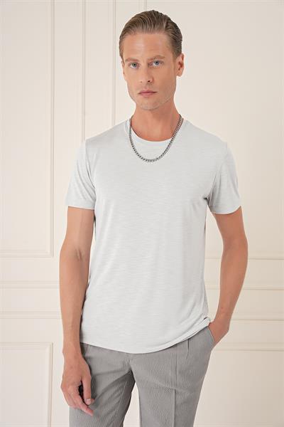 Slim Fit Bisiklet Yaka Doku Desenli Pamuklu Açık Gri Tişört Ts 881