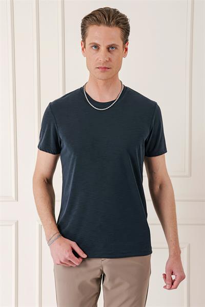 Slim Fit Bisiklet Yaka Doku Desenli Pamuklu Siyah Tişört Ts 881