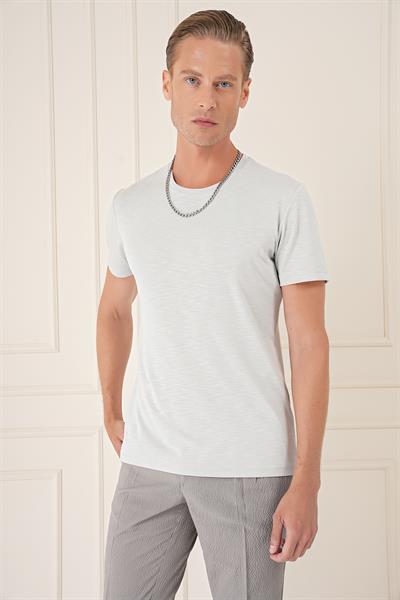 Slim Fit Bisiklet Yaka Doku Desenli Pamuklu Açık Gri Tişört Ts 881