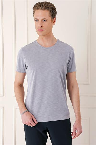 Slim Fit Bisiklet Yaka Doku Desenli Pamuklu Gri Tişört Ts 881