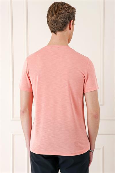 Slim Fit Bisiklet Yaka Doku Desenli Pamuklu Mercan Tişört Ts 881