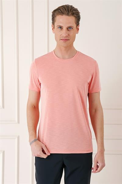 Slim Fit Bisiklet Yaka Doku Desenli Pamuklu Mercan Tişört Ts 881