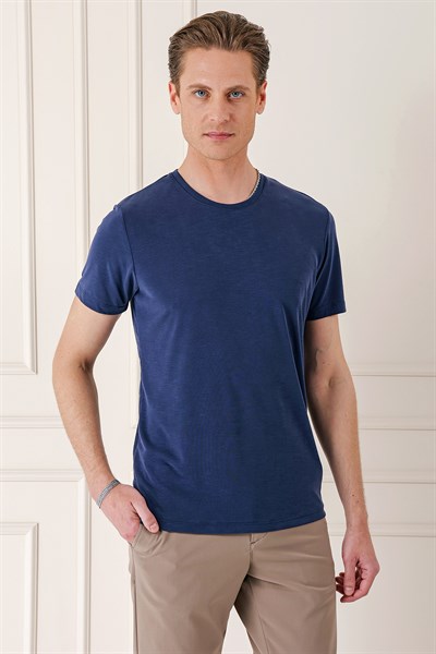 Slim Fit Bisiklet Yaka Doku Desenli Pamuklu Lacivert Tişört Ts 881