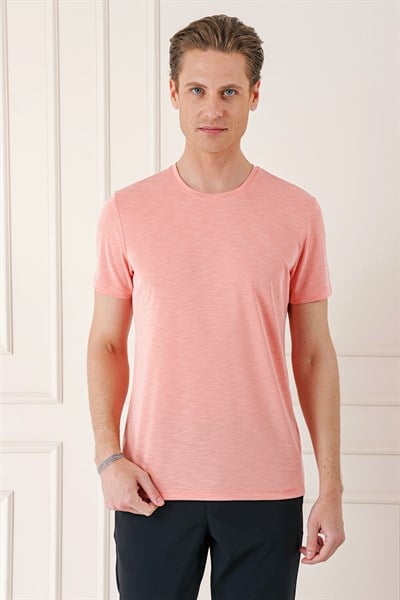 Slim Fit Bisiklet Yaka Doku Desenli Pamuklu Mercan Tişört Ts 881