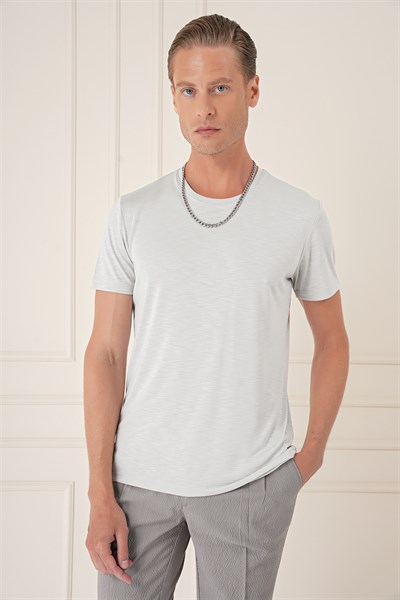Slim Fit Bisiklet Yaka Doku Desenli Pamuklu Açık Gri Tişört Ts 881